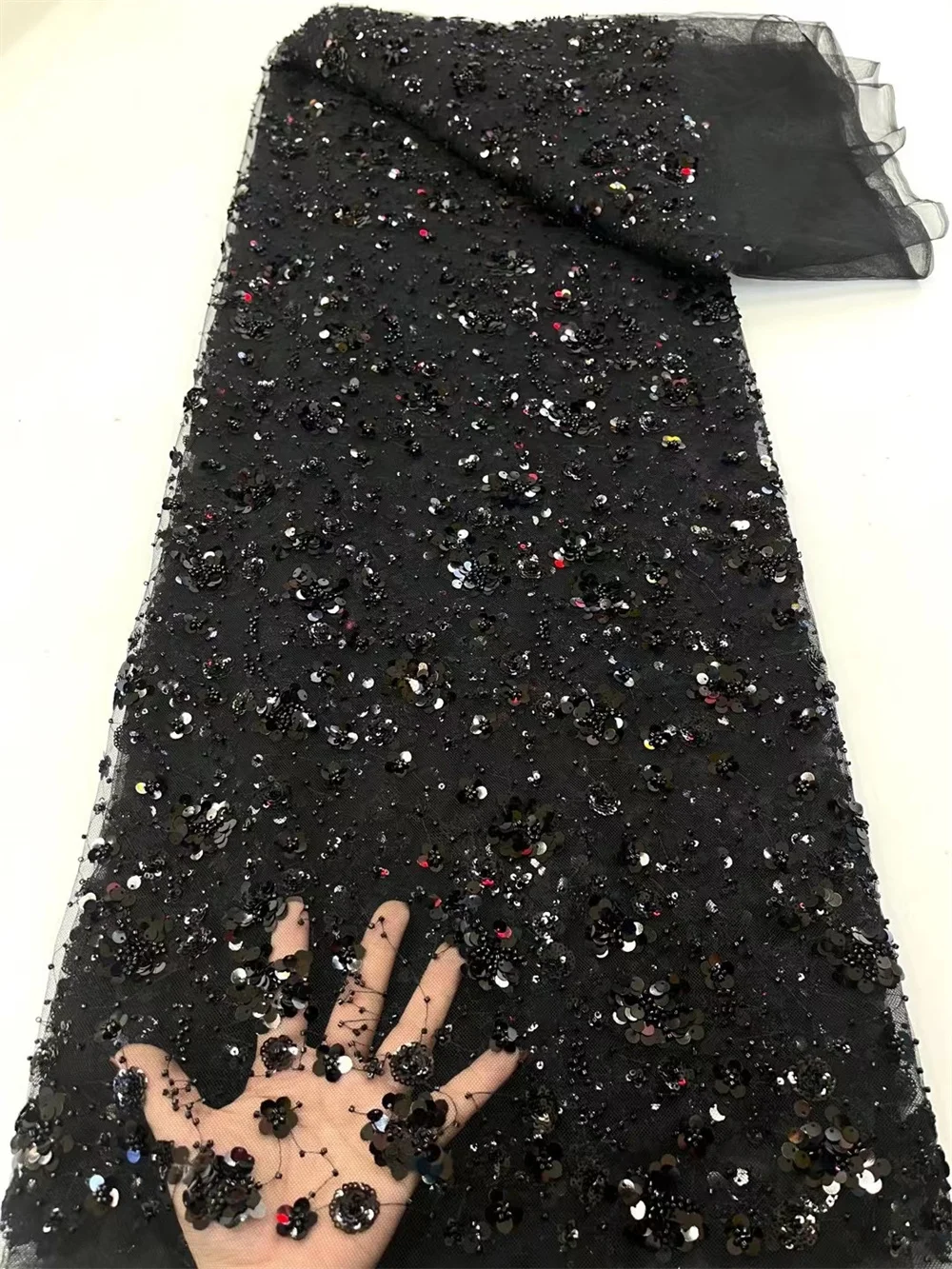 

Black African Heavy Bead Lace Fabric 2023 High Quality 5 Yards Nigerian Sequins French Tulle Fabric Material For Wedding Wp87-2