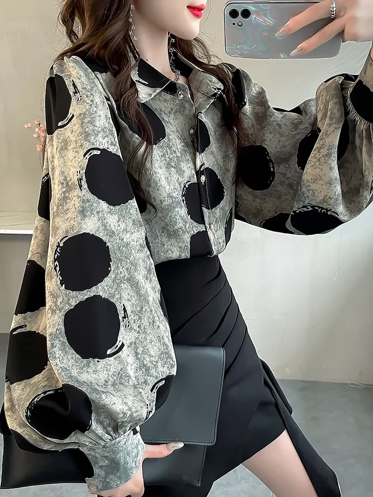 Autumn All-Matching Outer Wear Shirt Design Sense Niche Loose Lantern Sleeves Top Fashion Dotted Prints Shirt Blusas Mujer Women