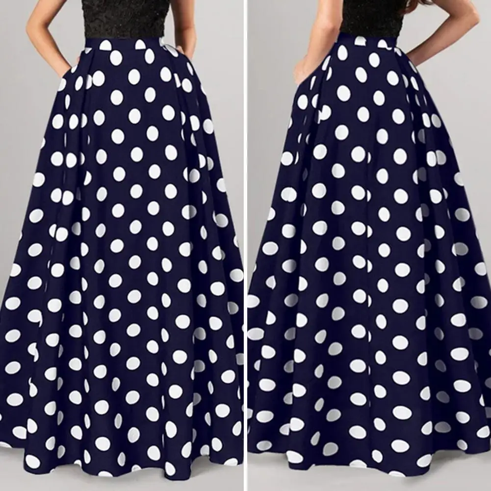 Dot Print Retro A-line Big Hem Skirt Women Maxi Skirt High Waist Side Pockets Loose Full Length Lady Prom Party Long Skirt