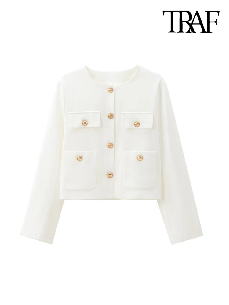 TRAF-Cropped Jacket with Golden Buttons for Women, O Neck, Long Sleeve, Female Outerwear, Chic Tops, Fashion 4