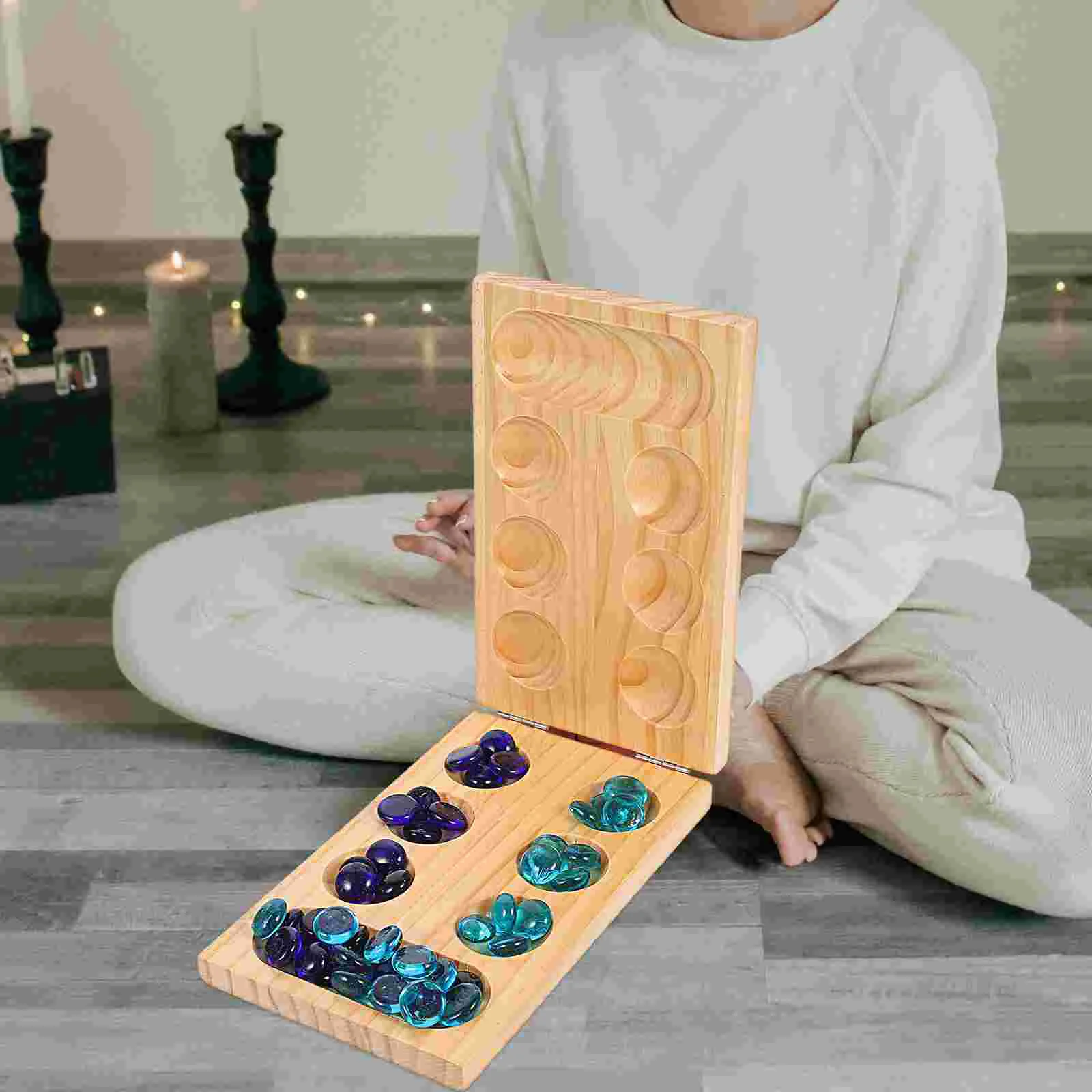 Portable Wooden Folding Gemstone Chess Mancala Board Game Kids Toy Pocket Size Thinking Puzzle Strategy Chess Games