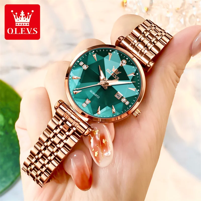 OLEVS Classic Luxury Women Watch Stainless Steel Green Dial Delicate Waterproof Quartz Casual Dress Ladies Watch Reloj Mujer