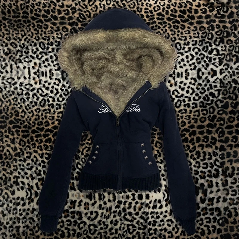 Y2K Fur Hood Zip Up Hoodie Women/Unisex Cotton Goth Streetwear Jacket