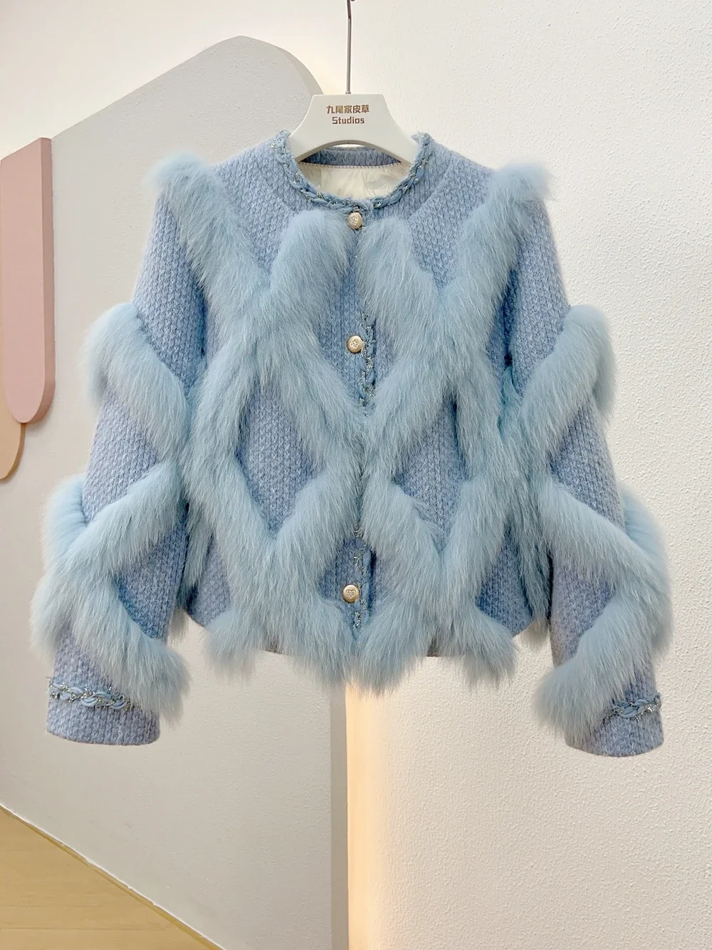 Autumn Winter Short Real Fox Fur Coat Woolen Splicing Imported Female 2023 O-neck Long Sleeve Fashion Slim Fur Jackets for Women