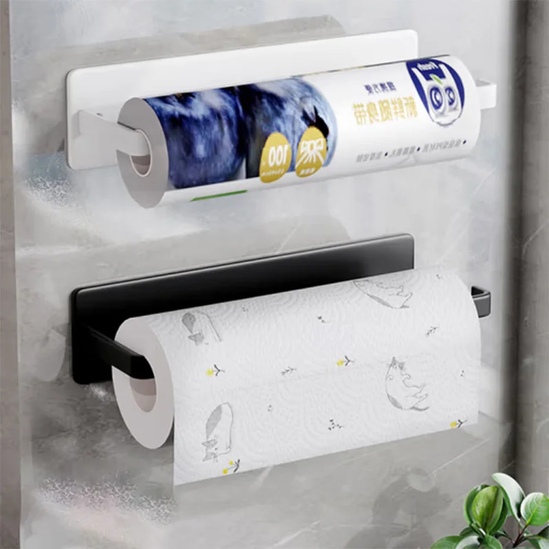 Paper Towel Holder Steel Self Adhesive Toilet Roll Paper Holder No Punch Kitchen Bathroom Lengthen Rack Cling Film Tissue Hanger