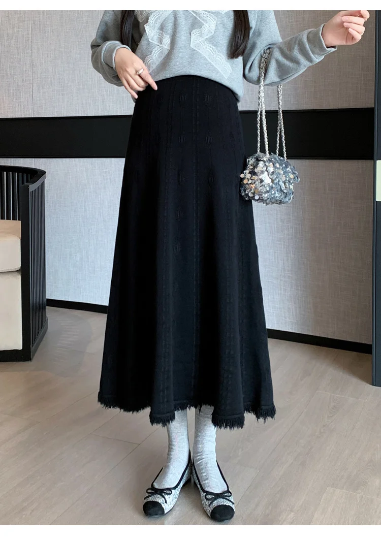 Japanese Style Maternity Belly Skirt Black High Waist Tassel Patchwork Pregnant Woman A-line Skirt Pregnancy Umbrella Skirts