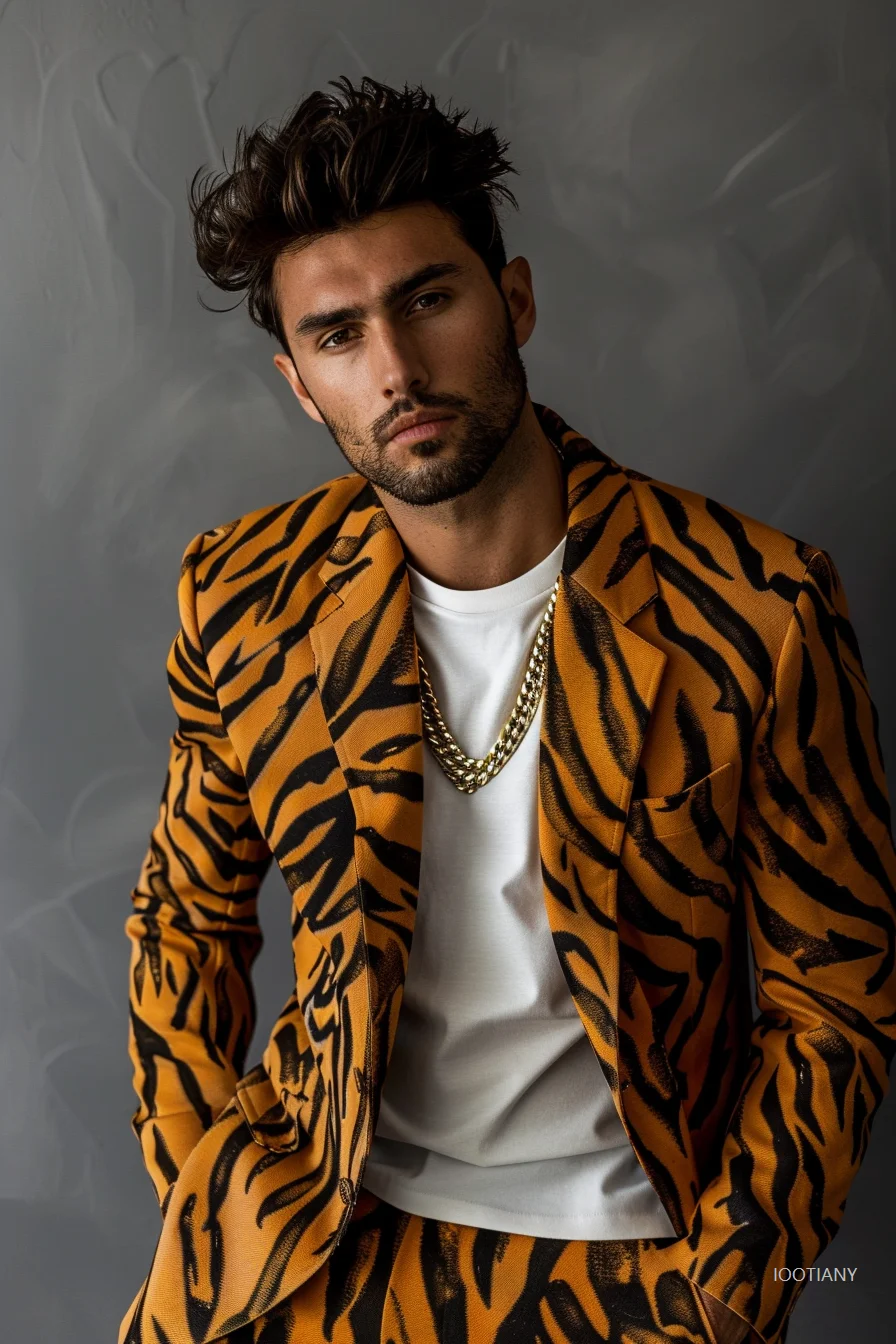Fashion American Slim Men's Suit Men's Leopard Print Suit Casual Party Crocodile Jacket Coat Bar Wedding Performance Set