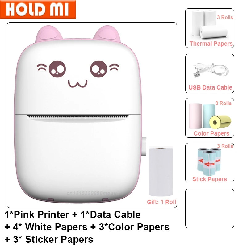 Portable Thermal Mini Printer MINI CAT Print sticker color Paper Photo Pocket 57mm Printing Wireless support Android IOS phones canon small photo printer Printers