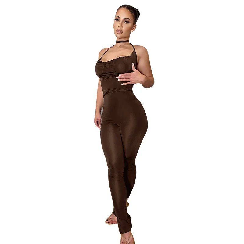 Crystal Off Shoulder Solid Halter Sleeveless Backless Bandage Jumpsuit 2022 Bodycon Fashion Women Sexy Streetwear Party Y2K