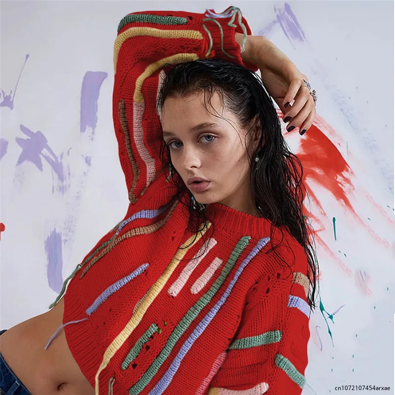 

Модный вязаный свитер с круглым вырезом для женщин, Элегантные Красочные теплые пуловеры с длинным рукавом, шикарный женский клубный джемпер