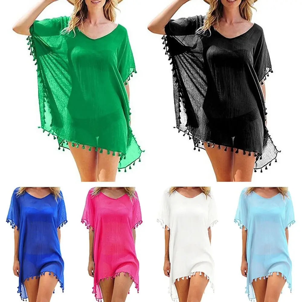 Fashion V Neck Summer Sunscreen Smock Loose Casual Beachwear Shirt Vacation Plus Size Swim Dress for Women 3