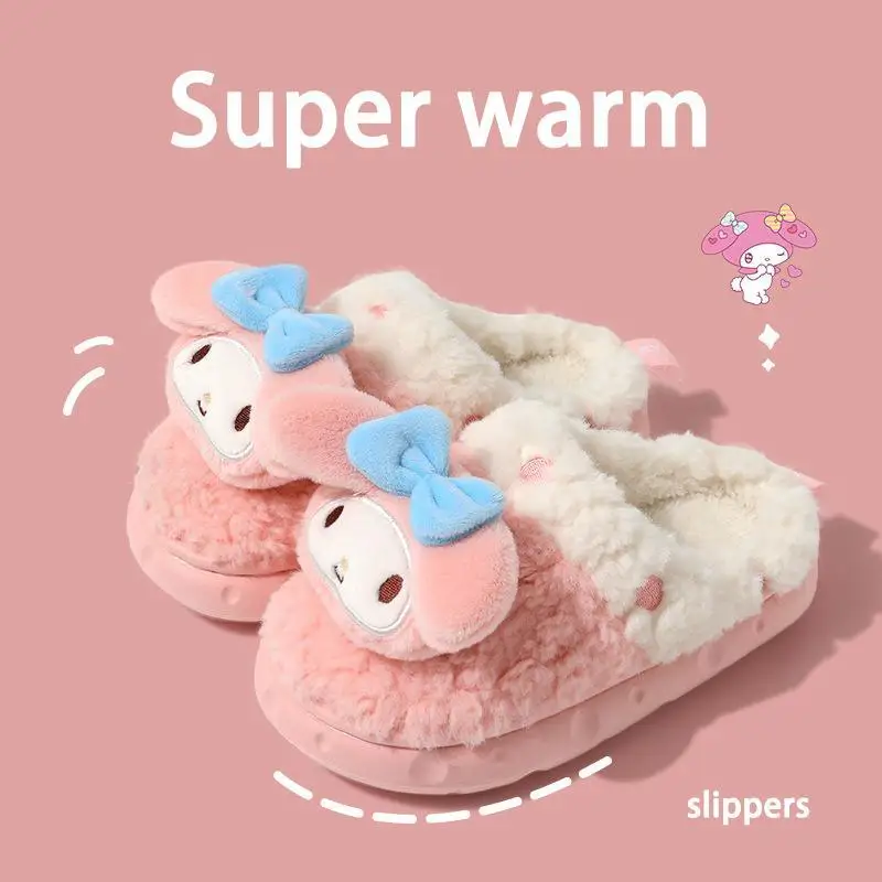 

Симпатичные хлопковые тапочки Sanrio Hello Kitty Melody Kuromi Мультяшные милые теплые зимние плюшевые туфли на каблуках для родителей и детей на Рождество