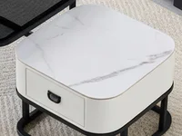 SHARPDO Tables Basses gigognes, Pierre Sinterisée & Verre trempé, Tiroir Simili Cuir Blanc, Lot de 2, 60/50 cm, Design Moderne pour Salon, Carrée (carrée) 6