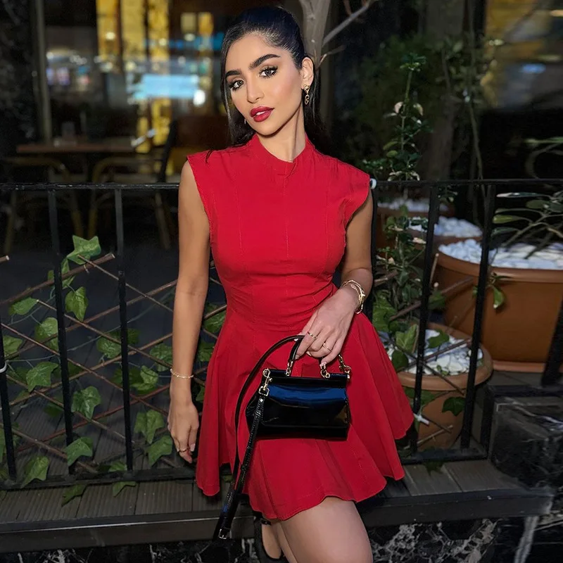 Sleeveless Folds Mini Dress Women's Solid Color High Waist Outfits Half Turtleneck Elegant Club Casual Party Dress A-Line
