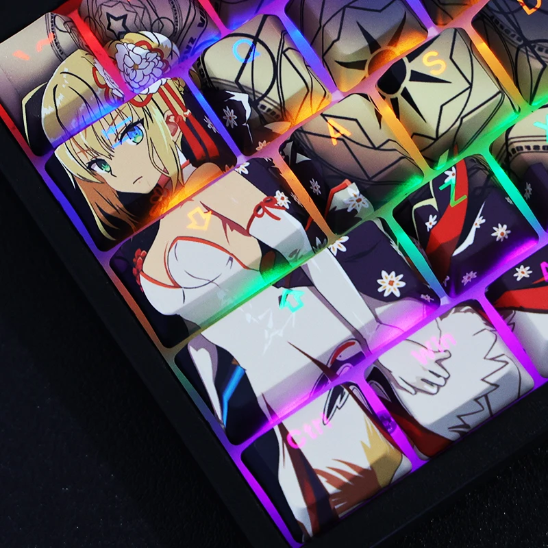 Chaves Conjunto Pbt Tintura Subbed Keycaps dos Desenhos Animados Anime Gaming Key Caps Oem Perfil Backlit Keycap para o Sabre da Noite do Destino Estadia Altria 108 - Imagem 5