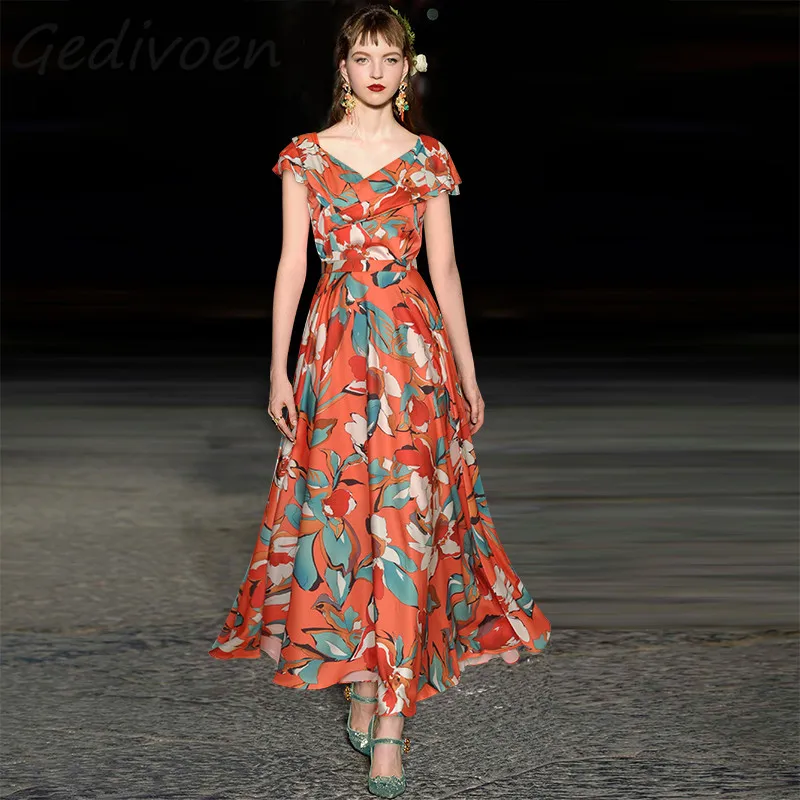 

Gedivoen Summer Fashion Runway Vintage Floral Print Dress Women's V-Neck Backless High Waist Frenulum Holiday Party Long Dress