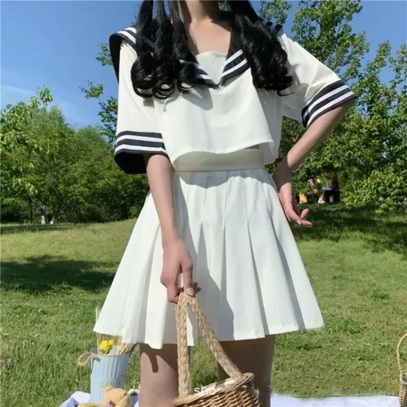 

Crop Top Suit School Pleated White Costumes Black Version Girls Sailor Japanese Cosplay Uniform Korean Student