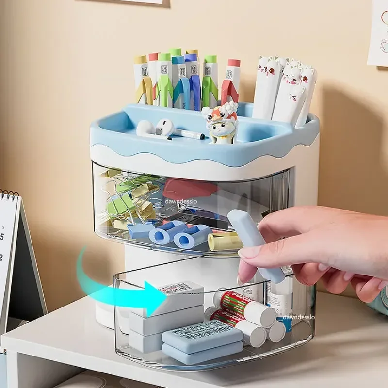 Practical Multi-Functional Desk Organizer Pen Holder Double Layers Rotating Pencils Storage Rack Student Cosmetics Storage Shelf 2