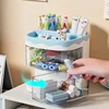 Practical Multi-Functional Desk Organizer Pen Holder Double Layers Rotating Pencils Storage Rack Student Cosmetics Storage Shelf 2