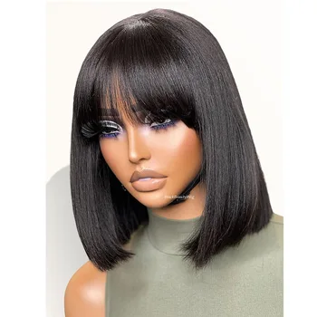 Light Yaki Silk Base Full Lace Human Hair Wig With Bangs Brazilian Remy Hair Short Bob Cut Glueless Silk Top Full Lace Wig Yaki 1