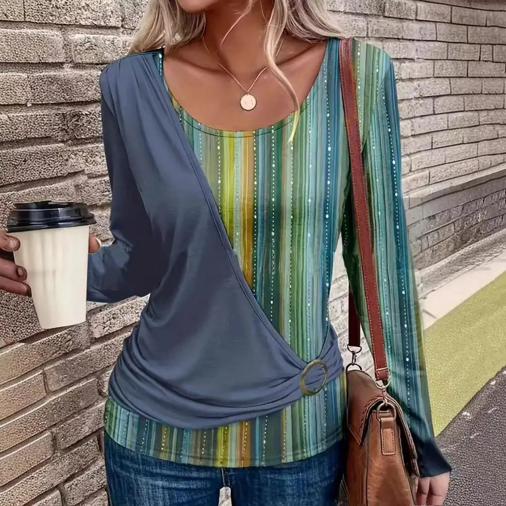 

Женский топ в стиле пэчворк с длинным рукавом, Повседневная Свободная футболка, Женский Топ в полоску с соединением, для повседневной носки, Женская длинная