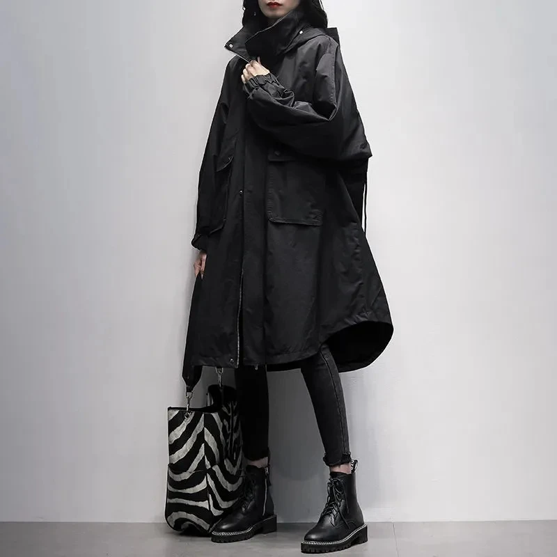 

Женская ветровка с капюшоном, черная Повседневная Длинная ветровка с длинным рукавом, Модель 38 в Корейском стиле на весну и осень, 2024