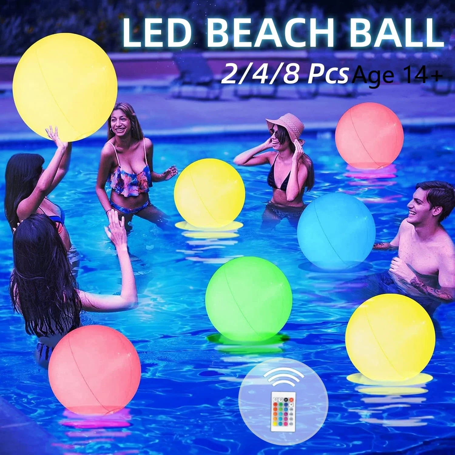 2-8 יחידות כדורי חוף מוארים במשחקי בריכה כדורי צעצוע למסיבת בריכה בחושך 16 צבעים תאורה ו-4 מצבי תאורה
