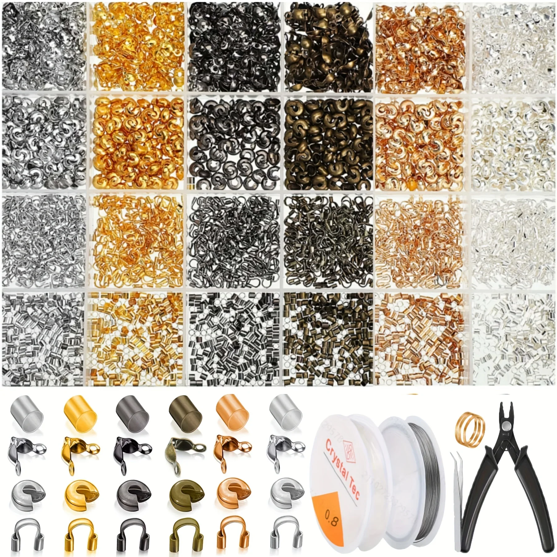 DIY Jewelry Kit - 1800pcs Brass Findings: Crimp Beads, Wire Guardians, Tubes, Bead Tips, Knot Covers (Assorted Colors)