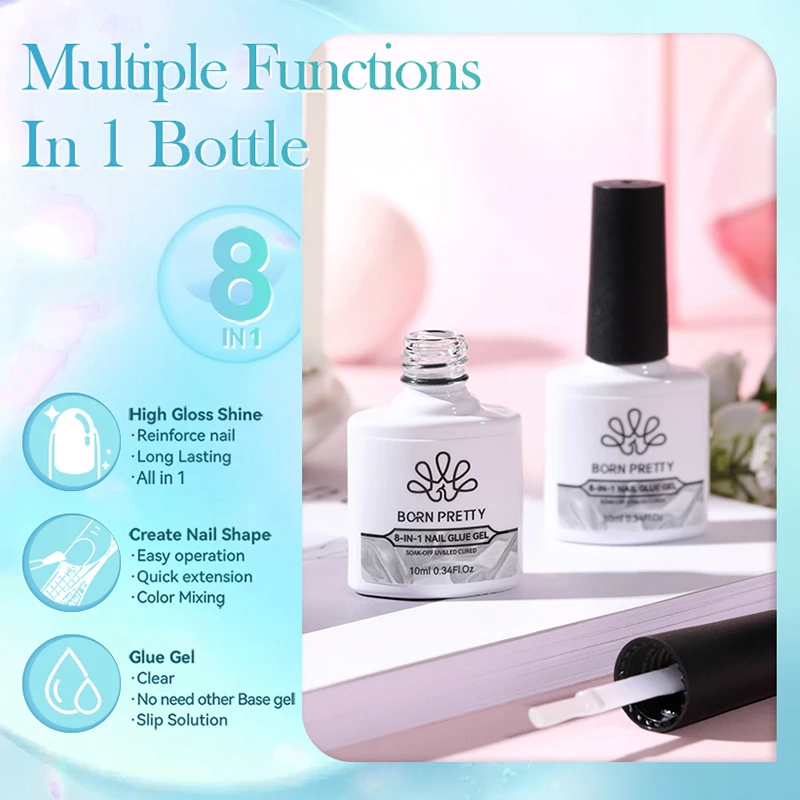 BORN PRETTY 10ML 8-in-1 Clear Glue Gel for Nail Apex and Extension Strengthener Nail Glue Gel Hard Gel Base Rhinestone Nail Gel 6