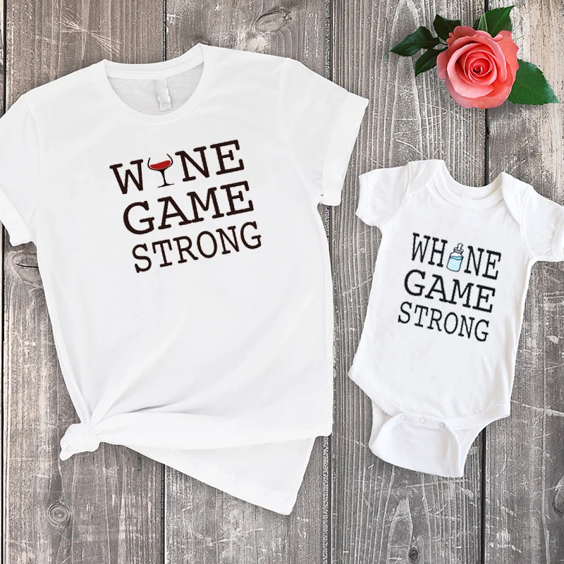 

Family Look Mommy Me Family Matching Clothes Wine Game Strong Mom Tee Letter Fashion Whine Game Strong Baby Tshirt