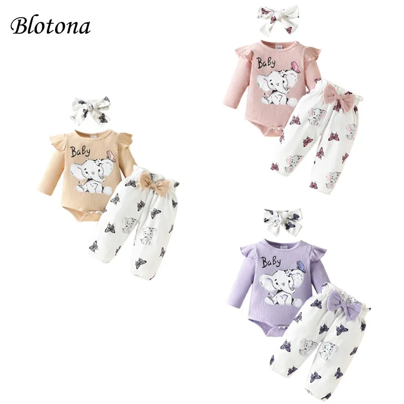 

Blotona Baby Girls Jumpsuits Set Elephant Print Long Sleeves Romper and Casual Pants Headband Outfit 0-18Months