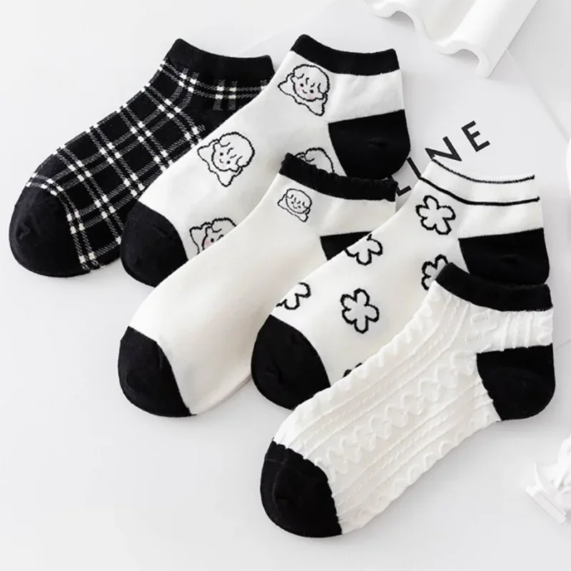 

5 Pairs Socks Women Cute Four Seasons Mesh Ladies Low Cut Boat Socks Breathable Ankle Cartoon Short Calcetines Black Funny