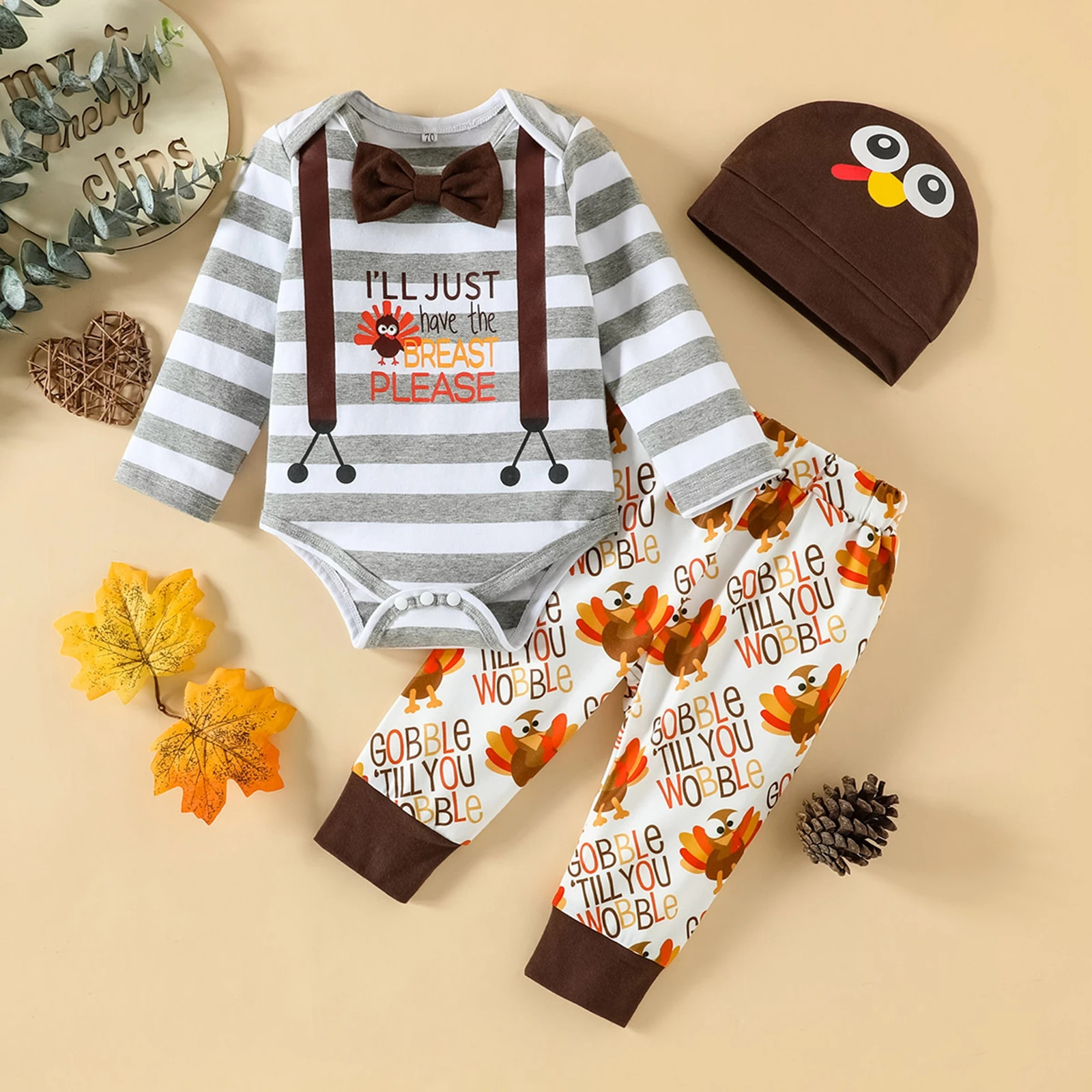 Citgeett Autumn Thanksgiving Day Infant Baby Boys Pants Set Long Sleeve Striped Romper + Turkey Letters Print Pants + Hat