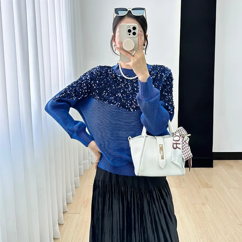 

Miyake Original Pleated Top Women 2023 Fall New High-end Glitter Sequins Splicing Pleated Round Neck Pullover Sweater Clothing
