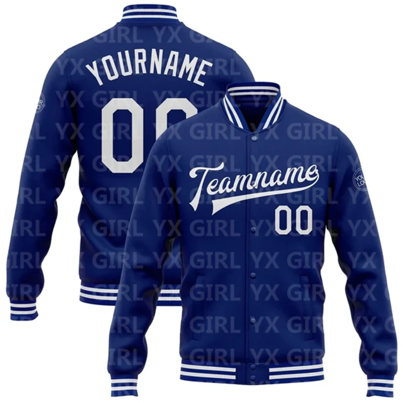 Custom Royal White-Yellow Bomber Full-Snap Varsity Letterman Jacket 3D Printed Baseball Button Jacket