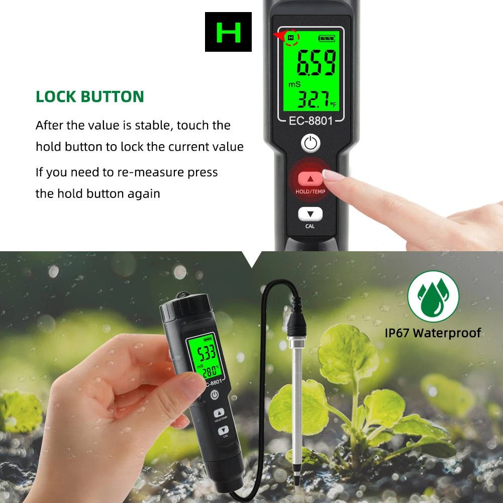 Soil EC Tester 0.00~10.00mS/cm Conductivity Soil EC PH Meter Detachable Probe Au