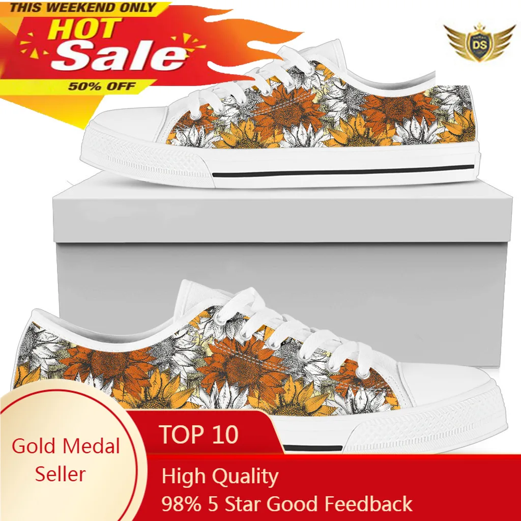 Funny Art Sunflowers Leisual Flat Shoes For Women Black White Light Breathable Lace Up Canvas Sneakers Schoenen Dames