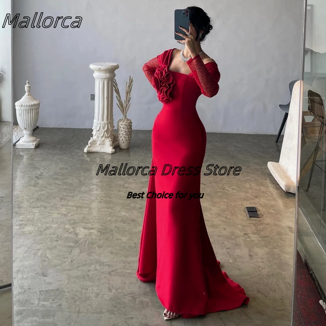 

Mallorca Wedding Party Saudi Arabia Prom Dresses for Women Big Flower Long Sleeves Formal Evening Gowns