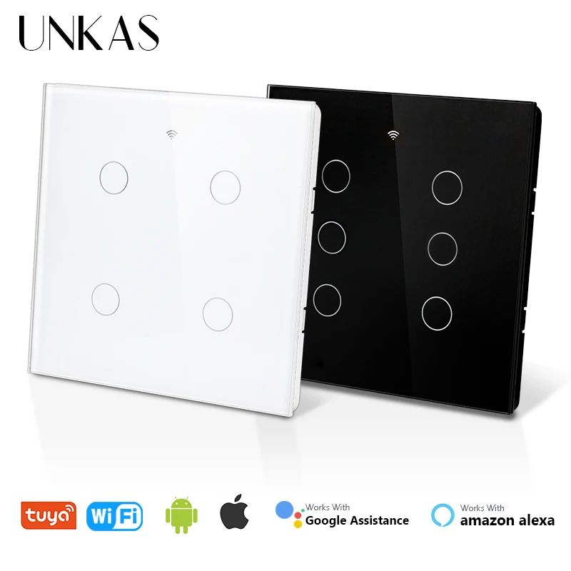 Unkas Tuya Brasile 4X4 Wifi 4 / 6 Gang Light Switch Touch Smart Life App Per Alexa Google Home Single Fire Neutral Wire Universale