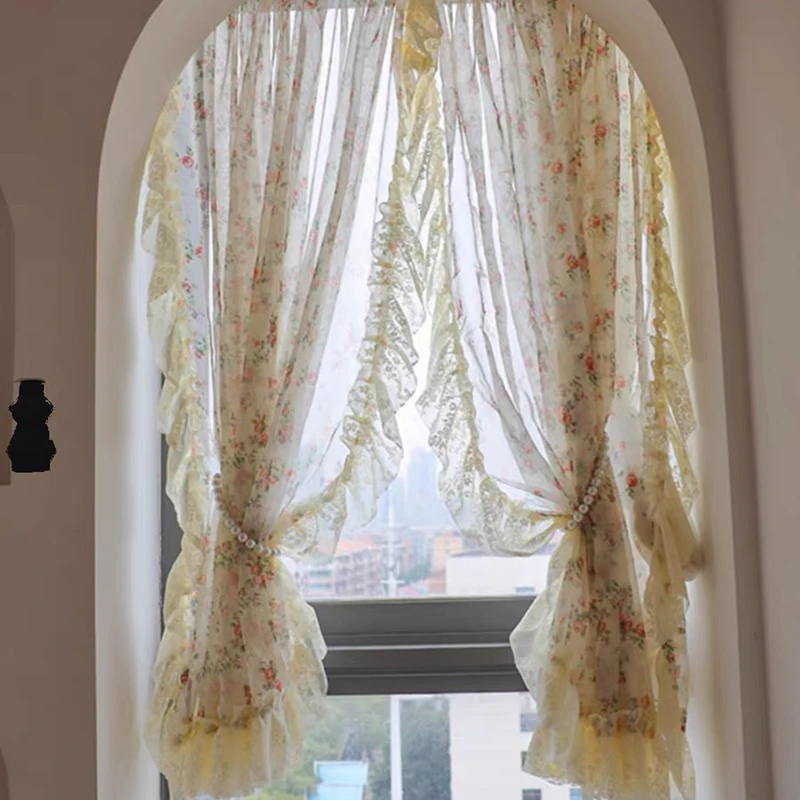 Idyllic French Rural Flowers Window Tulle Curtains for Living Room Korean Floral Ruffled Waves Side Curtains for Kitchen #A536 3