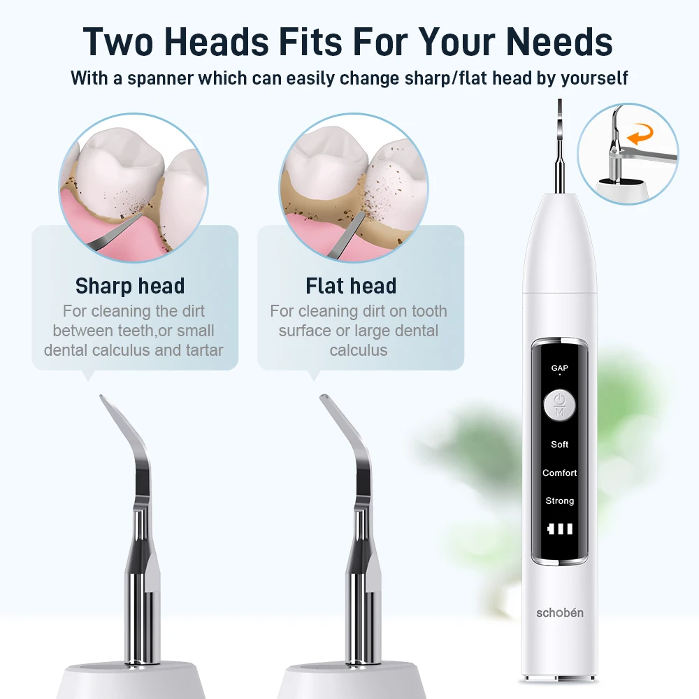 Schoben Ultrasonic Dental Scaler for Teeth Tartar Stain Tooth Calculus Remover Electric Sonic Teeth Plaque Cleaner Stone Removal