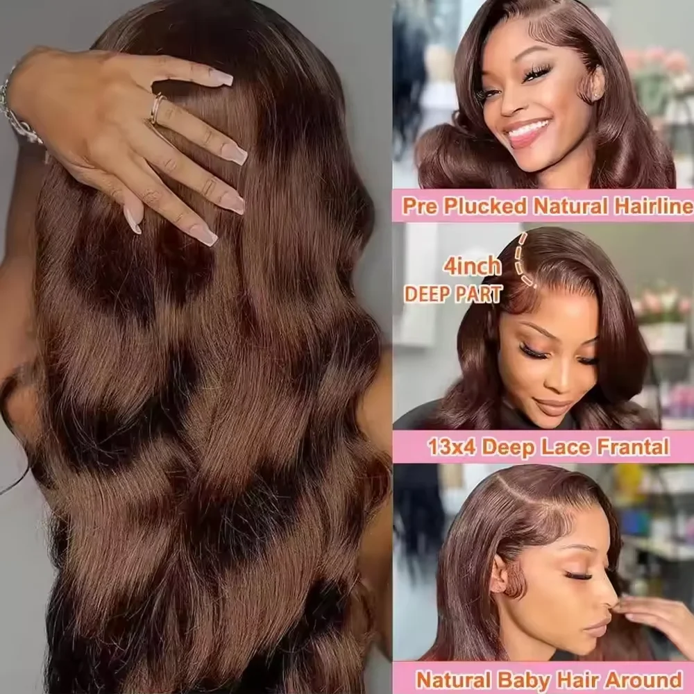 Body Wave Chocolate Brown 13x4 Lace Front Wigs Human Hair Pre Plucked Brazilian Brown Virgin Hair HD Frontal Wig For Black Women 2