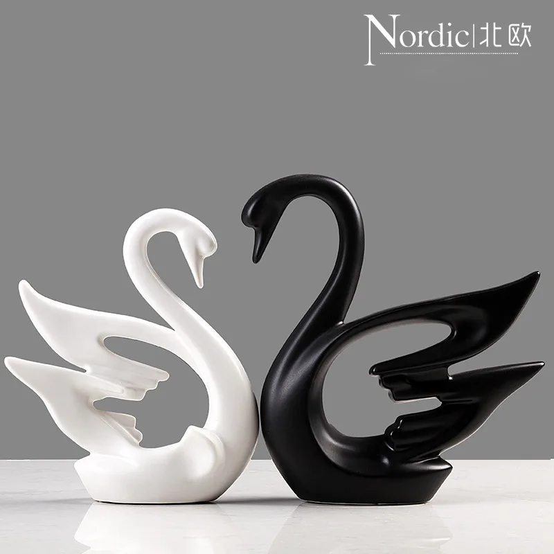 

Nordic Minimalist Black and White Couple Swan Ornaments Wedding Gifts Creative Living Room New House Decoration Ceramic Crafts