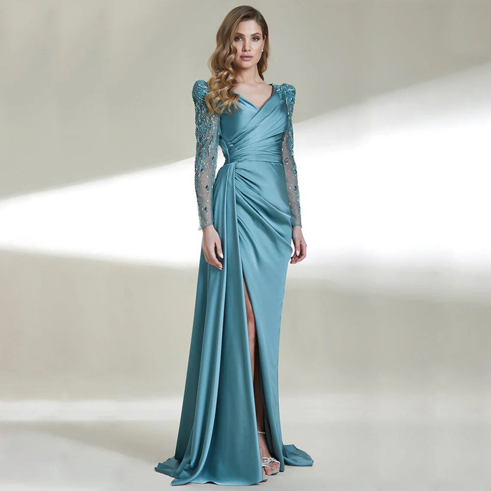 Sky Blue Evening Dress for Women Long Sleeves Luxury Gown V Neck Side Slit Satin | eBay Sky Blue Evening Dress for Women Long Sleeves Luxury Gown V Neck Side Slit Satin | eBay