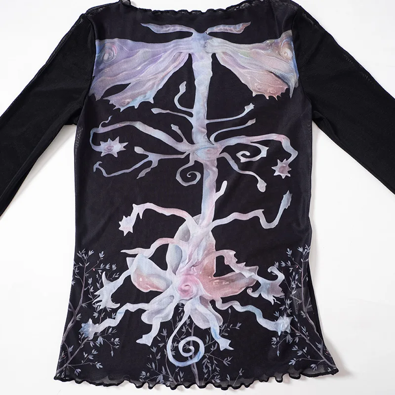 Abstract Print Graphic T Shirts For Women Clothes Y2k Accessories Mesh See Through Ropa De Mujer Bodycon Crop Top Quarter Sleeve