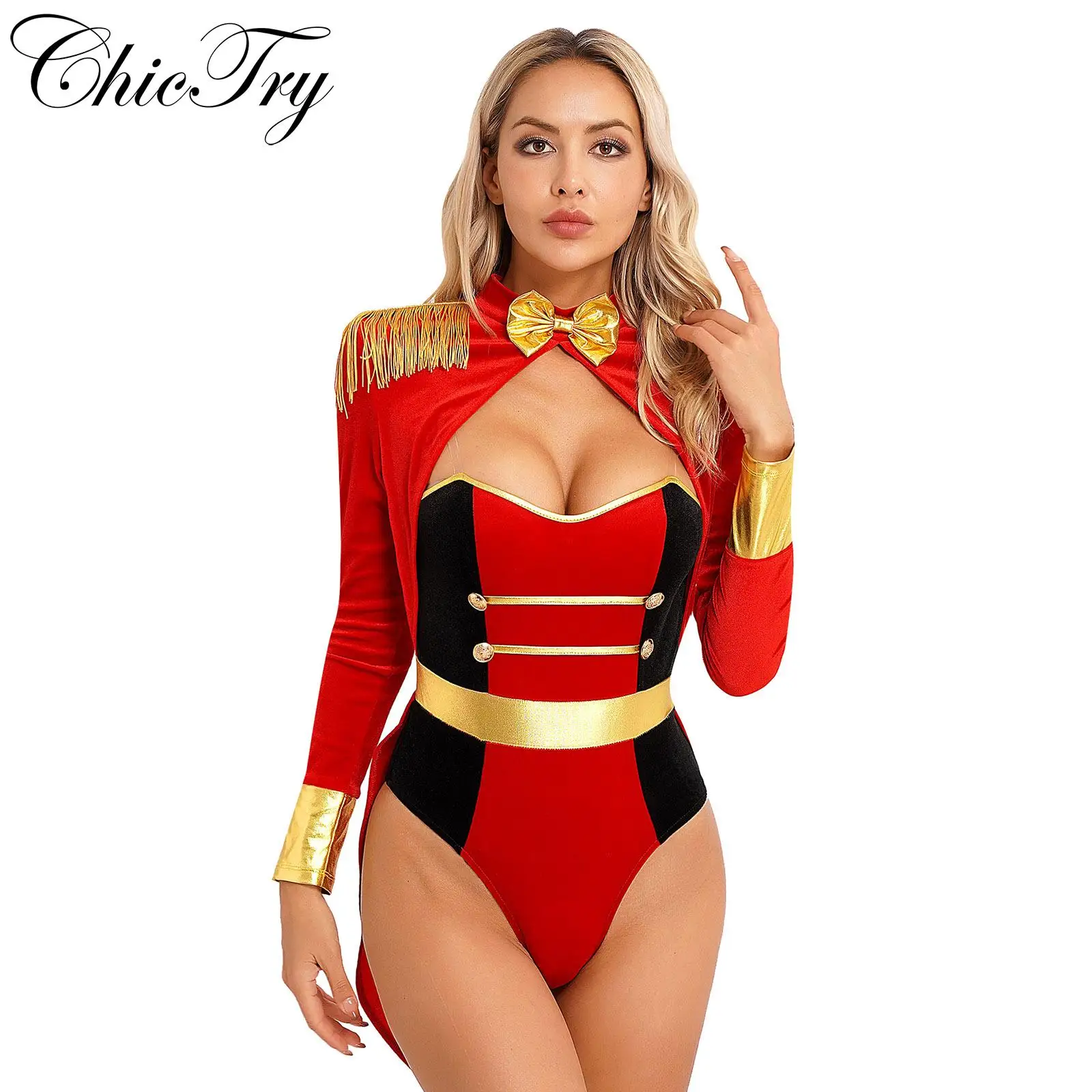

Women Circus Costume Halloween Cosplay Party Leotard Bodysuit Jumpsuit Long Sleeve Ringmaster Carnival Roleplay Dress Up Clothes