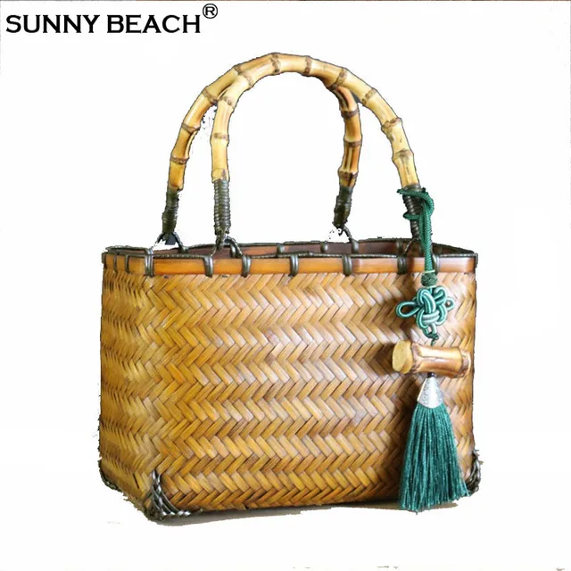 Bamboo Handle Rattan Bag Square Tote