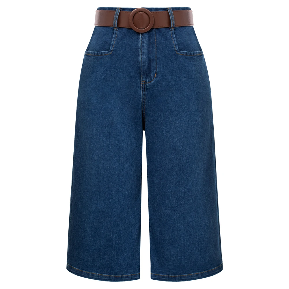 BP Jeans Women Vintage Wide Leg Capri With Belt Elastic-Waist Jean Pants Slimming Fashion Straight Wide Leg Casual Streetwear