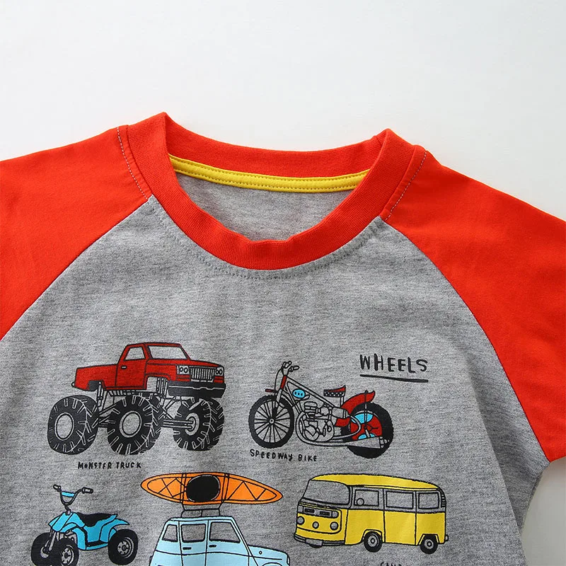 2025 New Grey T-shirts for Children's Clothing Baby Boys Blouses Tops Kids Clothes Cartoon Vehicles Cotton