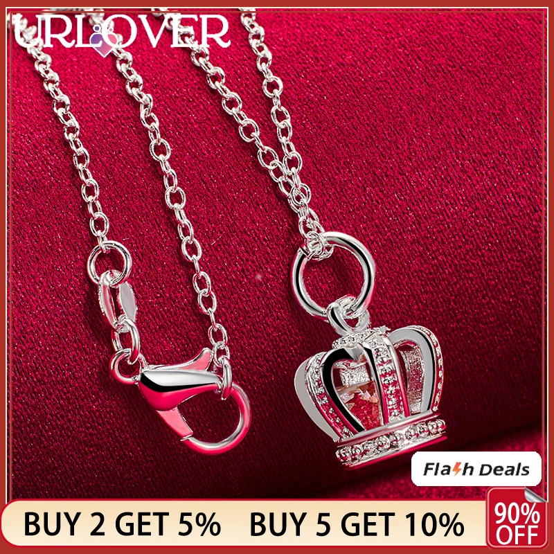 

URLOVER 925 Sterling Silver AAA Zircon Crown Pendant Necklace For Women Wedding Birthday Party Fashion Jewelry 40cm-75cm Chain